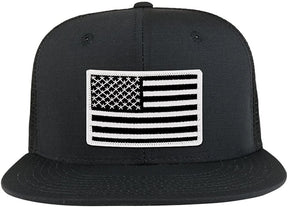 Black White American Flag Iron on Patch Flat Bill Ripstop Trucker Mesh Cap