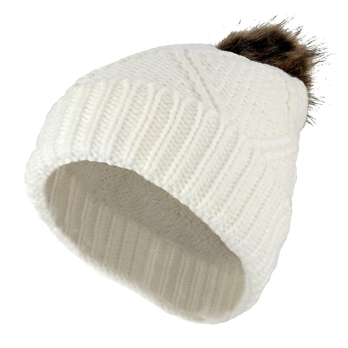 Diamond Pattern Pom Pom Cuffed Winter Knit Beanie Hat