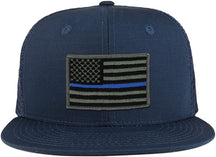 Thin Blue American Flag Iron on Patch Flat Bill Ripstop Trucker Mesh Cap