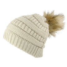 Armycrew Womens Soft Ribbed Faux Fur Pom Pom Beanie Hat