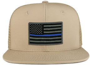 Thin Blue American Flag Iron on Patch Flat Bill Ripstop Trucker Mesh Cap