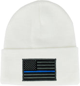 Made in USA - Thin Blue Line American Flag Embroidered Patch Long Cuff Beanie