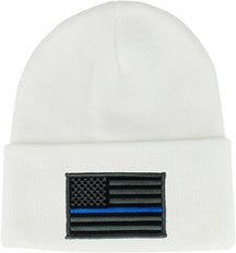 Made in USA - Thin Blue Line American Flag Embroidered Patch Long Cuff Beanie
