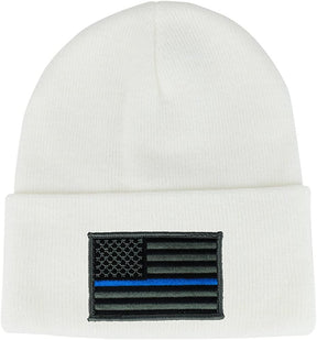 Made in USA - Thin Blue Line American Flag Embroidered Patch Long Cuff Beanie