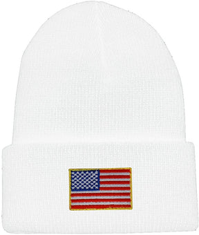 Made in USA - Newborn Infant Small American Flag Embroidered Patch Cuff Beanie