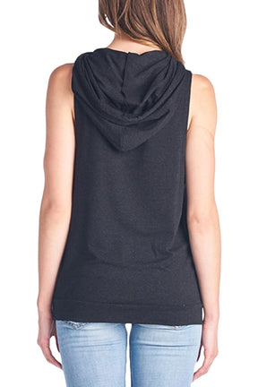 Made in USA Solid Kangaroo Pocket Detail Sleeveless Hoodie Top
