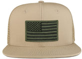 Black Olive American Flag Iron on Patch Flat Bill Ripstop Trucker Mesh Cap
