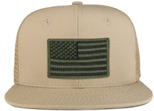 Black Olive American Flag Iron on Patch Flat Bill Ripstop Trucker Mesh Cap
