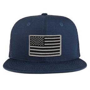 Black Grey American Flag Iron on Patch Flat Bill Ripstop Trucker Mesh Cap