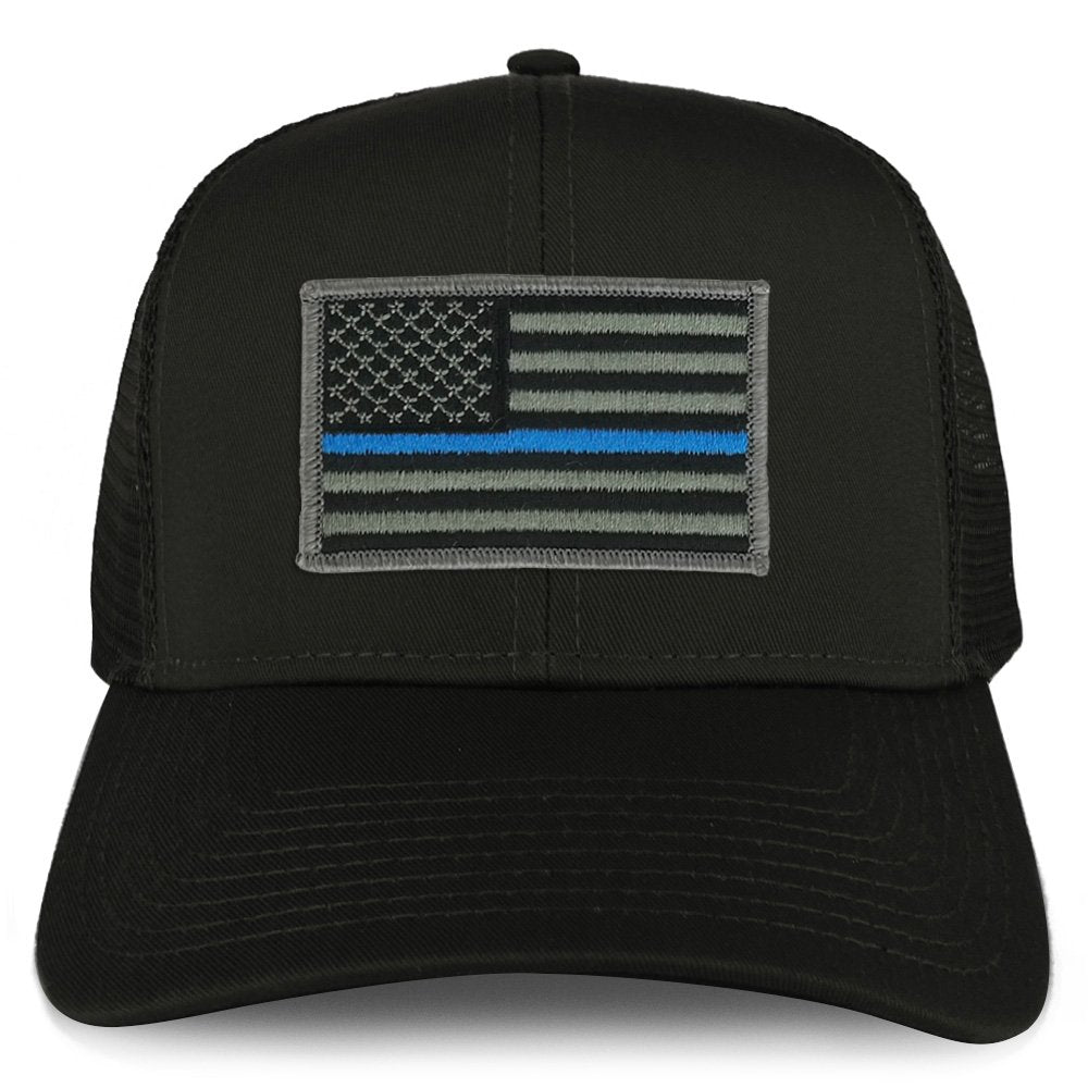 Armycrew XXL Oversize Thin Blue Line USA Flag Patch Mesh Back Trucker Baseball Cap - Black
