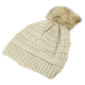 Armycrew Womens Soft Ribbed Faux Fur Pom Pom Beanie Hat