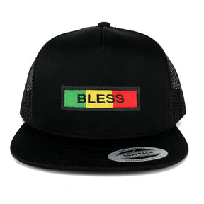 5 Panel Bless Green Yellow Red Embroidered Iron on Patch Flat Bill Mesh Snapback