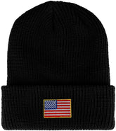 Armycrew Small American Flag Embroidered Patch Ribbed Cuffed Knit Beanie - Black