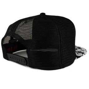 Armycrew Hawaiian Floral Printed Flat Bill Trucker Mesh Snapback Cap - Black