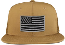 Black Grey American Flag Iron on Patch Flat Bill Ripstop Trucker Mesh Cap