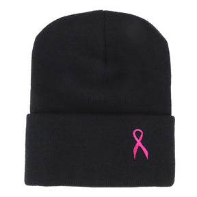 Armycrew Made in USA Breast Cancer Pink Ribbon Embroidered Cuff Long Beanie