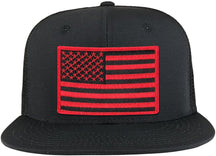 Black Red American Flag Iron on Patch Flat Bill Ripstop Trucker Mesh Cap