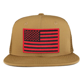 Black Red American Flag Iron on Patch Flat Bill Ripstop Trucker Mesh Cap