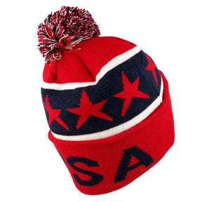 Armycrew USA Pom Pom Stylish Acrylic Cuff Winter Beanie Hat - USA Print - Red Navy