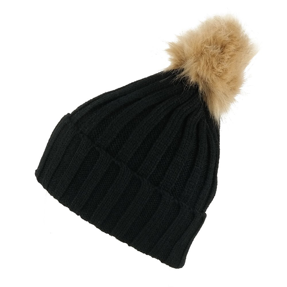 Women's Ribbed Faux Fur Pom Pom Cuff Winter Beanie Hat