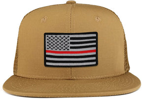 Thin Red 2 American Flag Iron on Patch Flat Bill Ripstop Trucker Mesh Cap