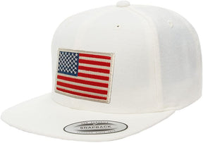 Flexfit USA American Flag Embroidered Flat Bill Snapback Cap - White