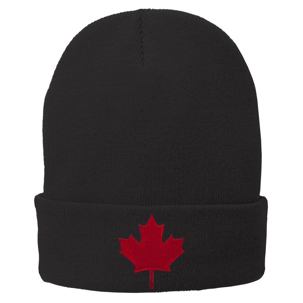 Canada Maple Leaf Embroidered Winter Cuff Long Beanie - Red Flag - Black