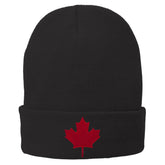 Canada Maple Leaf Embroidered Winter Cuff Long Beanie - Red Flag - Black