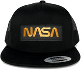 Flexfit 5 Panel NASA Worm Gold Text Embroidered Patch Snapback Mesh Trucker Cap