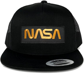 Flexfit 5 Panel NASA Worm Gold Text Embroidered Patch Snapback Mesh Trucker Cap
