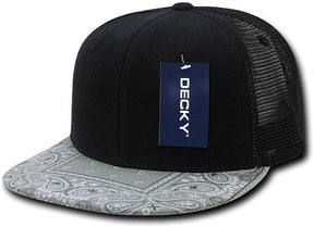 DECKY Paisley Bandana Print Flat Bill Trucker Mesh Snapback Cap - Black Grey