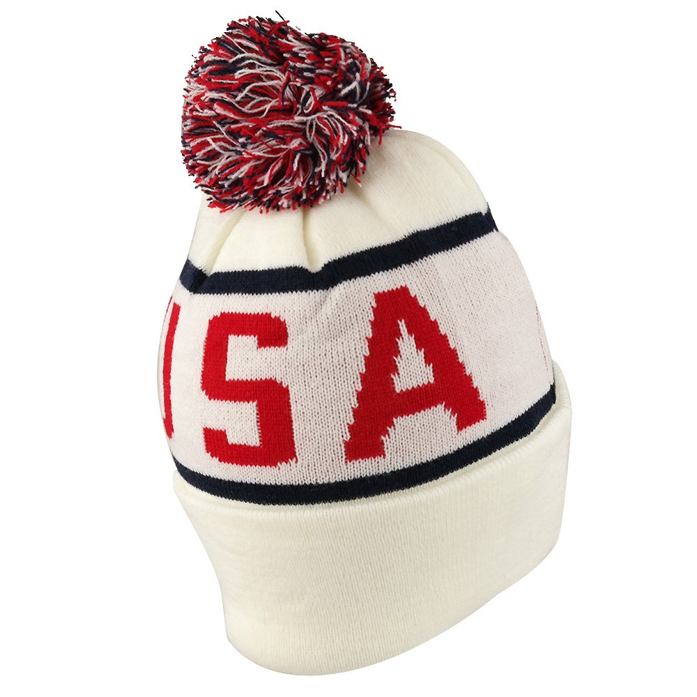 Armycrew USA Pom Pom Stylish Acrylic Cuff Winter Beanie Hat - Flag Patch - White Navy