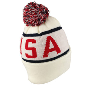 Armycrew USA Pom Pom Stylish Acrylic Cuff Winter Beanie Hat - Flag Patch - White Navy
