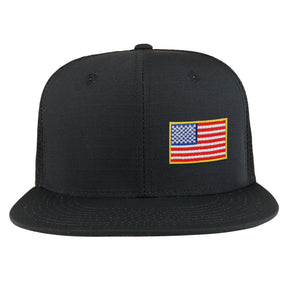 Small Side American Flag Iron on Patch Flat Bill Ripstop Trucker Mesh Cap