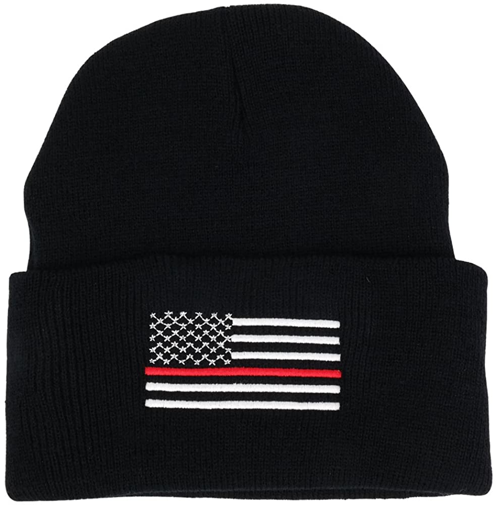 Thin RED Line American Flag Embroidered Cuff Beanie Hat