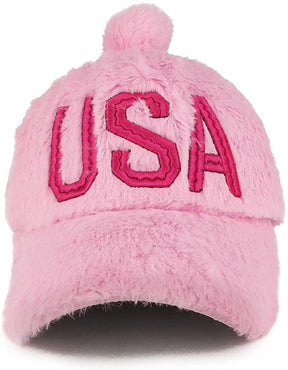 Armycrew USA Embroidered Unstructured Fur Pom Baseball Cap