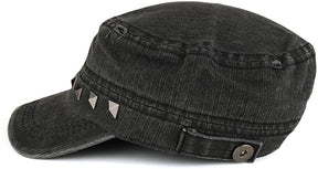 Distressed Flat Top Metallic Studded Frayed Cadet Style Army Cap
