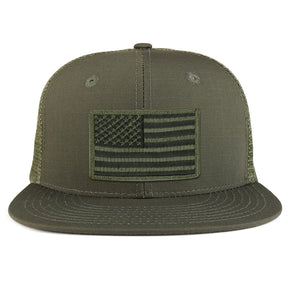 Black Olive American Flag Iron on Patch Flat Bill Ripstop Trucker Mesh Cap