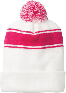 Armycrew Two Tone Stripe Acrylic Winter Pom Pom Beanie Hat