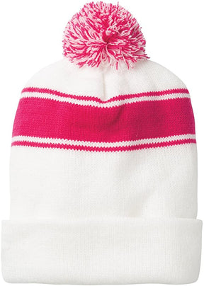 Armycrew Two Tone Stripe Acrylic Winter Pom Pom Beanie Hat