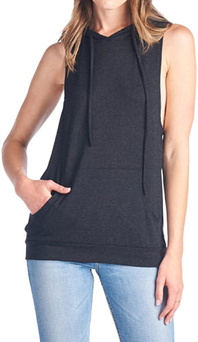 Made in USA Solid Kangaroo Pocket Detail Sleeveless Hoodie Top