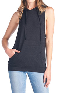 Made in USA Solid Kangaroo Pocket Detail Sleeveless Hoodie Top
