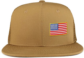 Small Side American Flag Iron on Patch Flat Bill Ripstop Trucker Mesh Cap