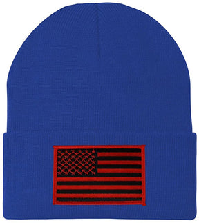 Made in USA - Black RED American Flag Embroidered Patch Long Cuff Beanie