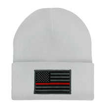 Made in USA - Thin RED Line American Flag Embroidered Patch Long Cuff Beanie