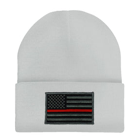 Made in USA - Thin RED Line American Flag Embroidered Patch Long Cuff Beanie