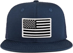 Black White American Flag Iron on Patch Flat Bill Ripstop Trucker Mesh Cap