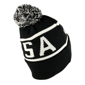 Armycrew USA Pom Pom Stylish Acrylic Cuff Winter Beanie Hat - Flag Patch - Black White