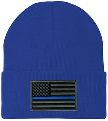 Made in USA - Thin Blue Line American Flag Embroidered Patch Long Cuff Beanie