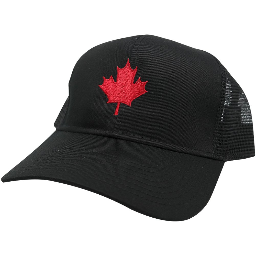 Canada Red Maple Leaf Embroidery Trucker Mesh Cap - Black